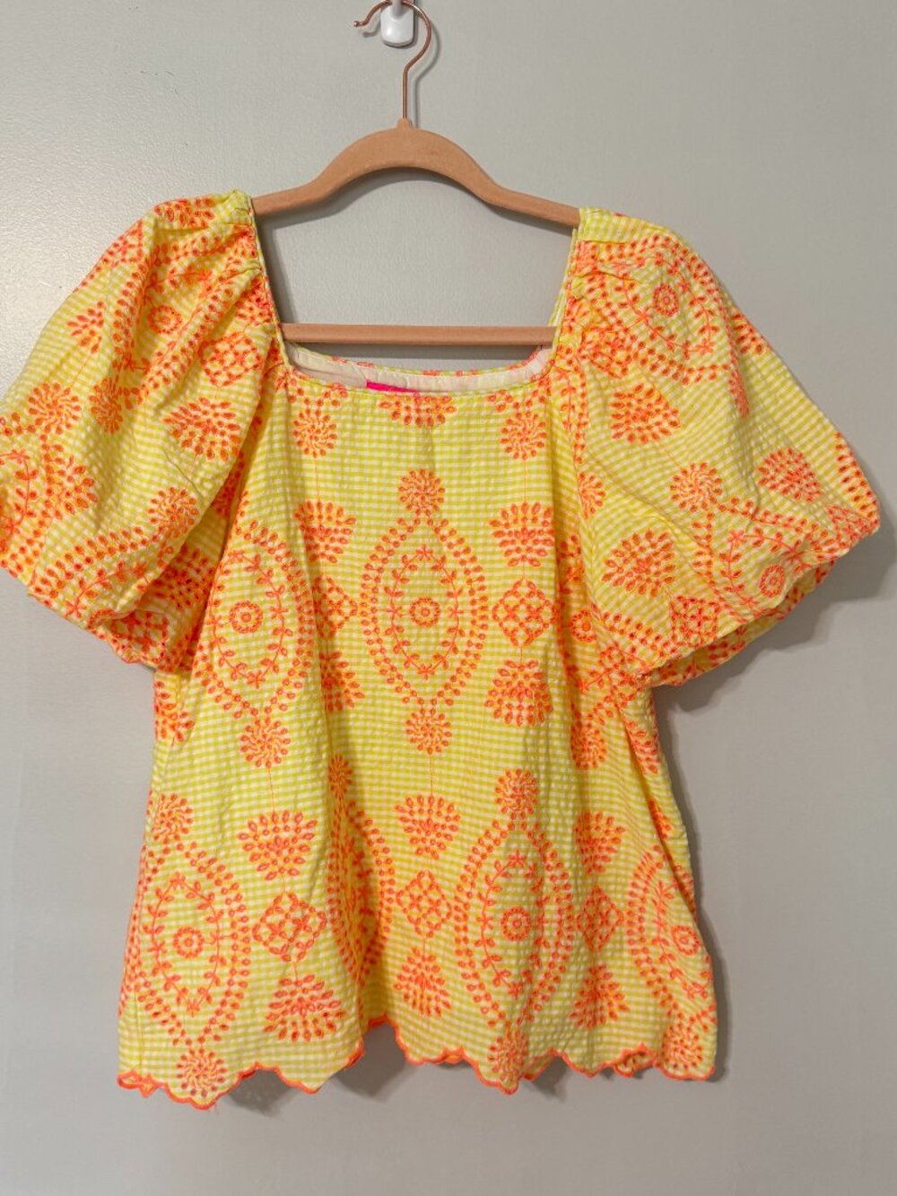 LILLY PULITZER Yellow Gingham Embroidered Eyelet Top